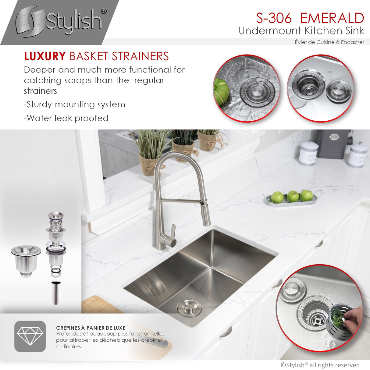 STYLISH 28 inch Single Bowl Undermount Stainless Steel Kitchen Sink
