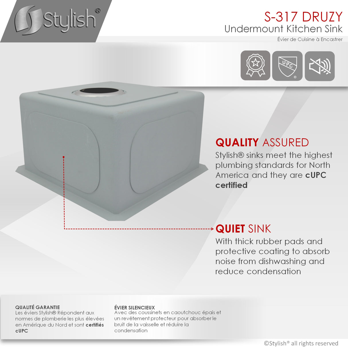 STYLISH 15 inch Single Bowl Undermount Stainless Steel Kitchen Sink