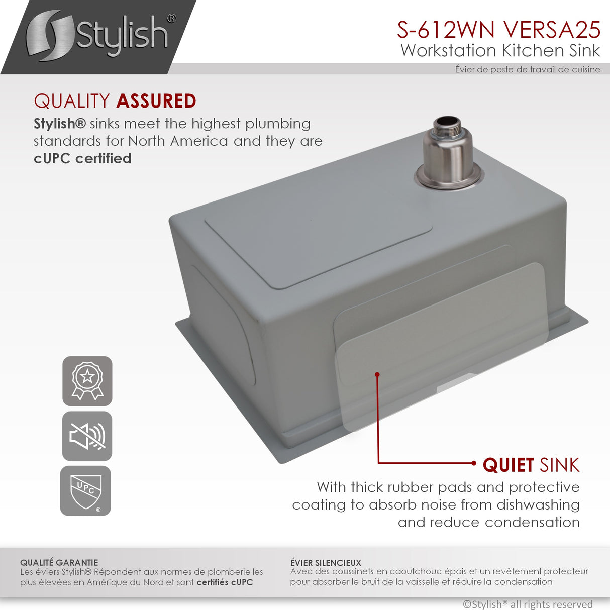 STYLISH 25 inch Workstation Single Bowl Undermount 16 Gauge Stainless Steel Kitchen Sink with Built in Accessories