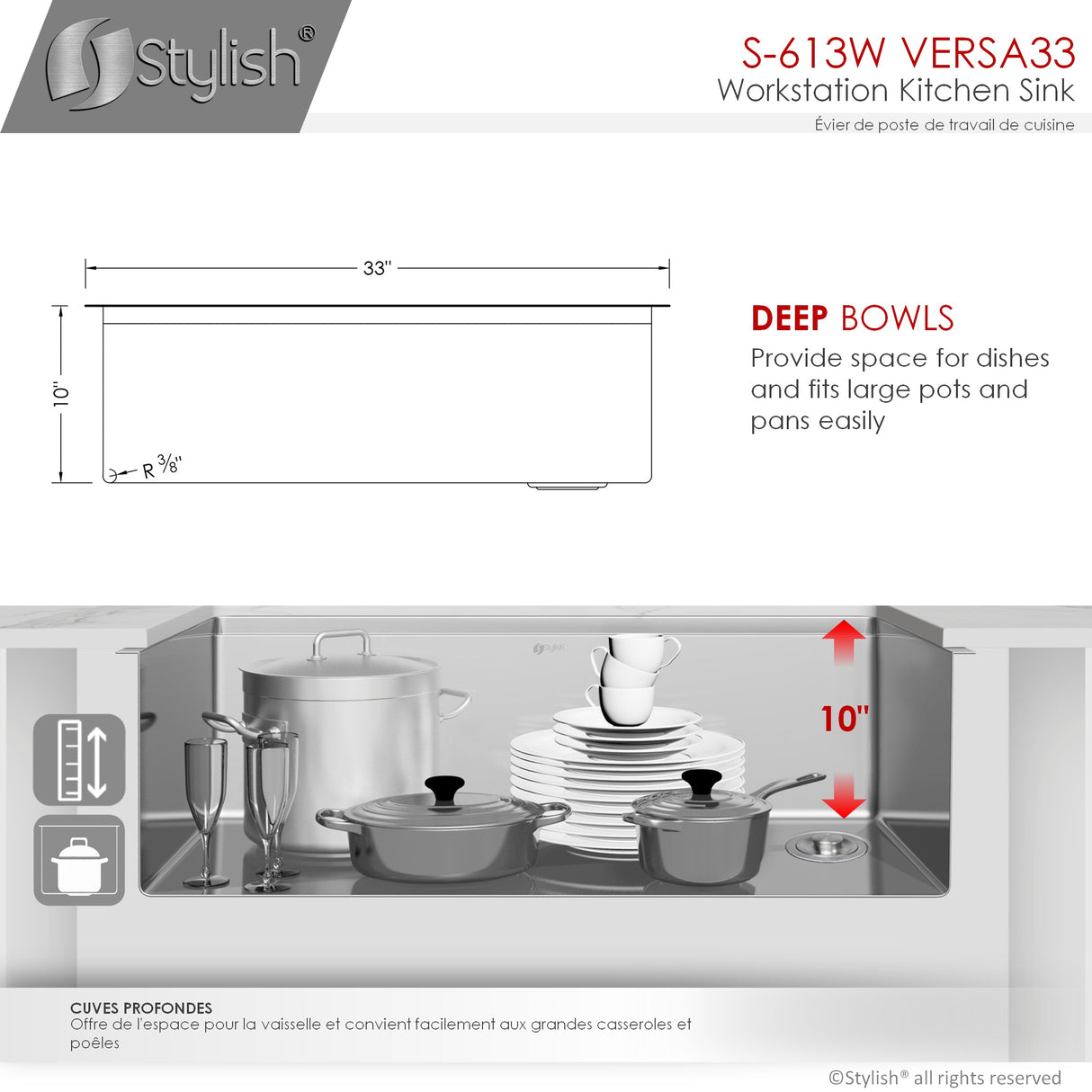 STYLISH 33 inch Workstation Single Bowl Undermount 16 Gauge Stainless Steel Kitchen Sink with Built in Accessories