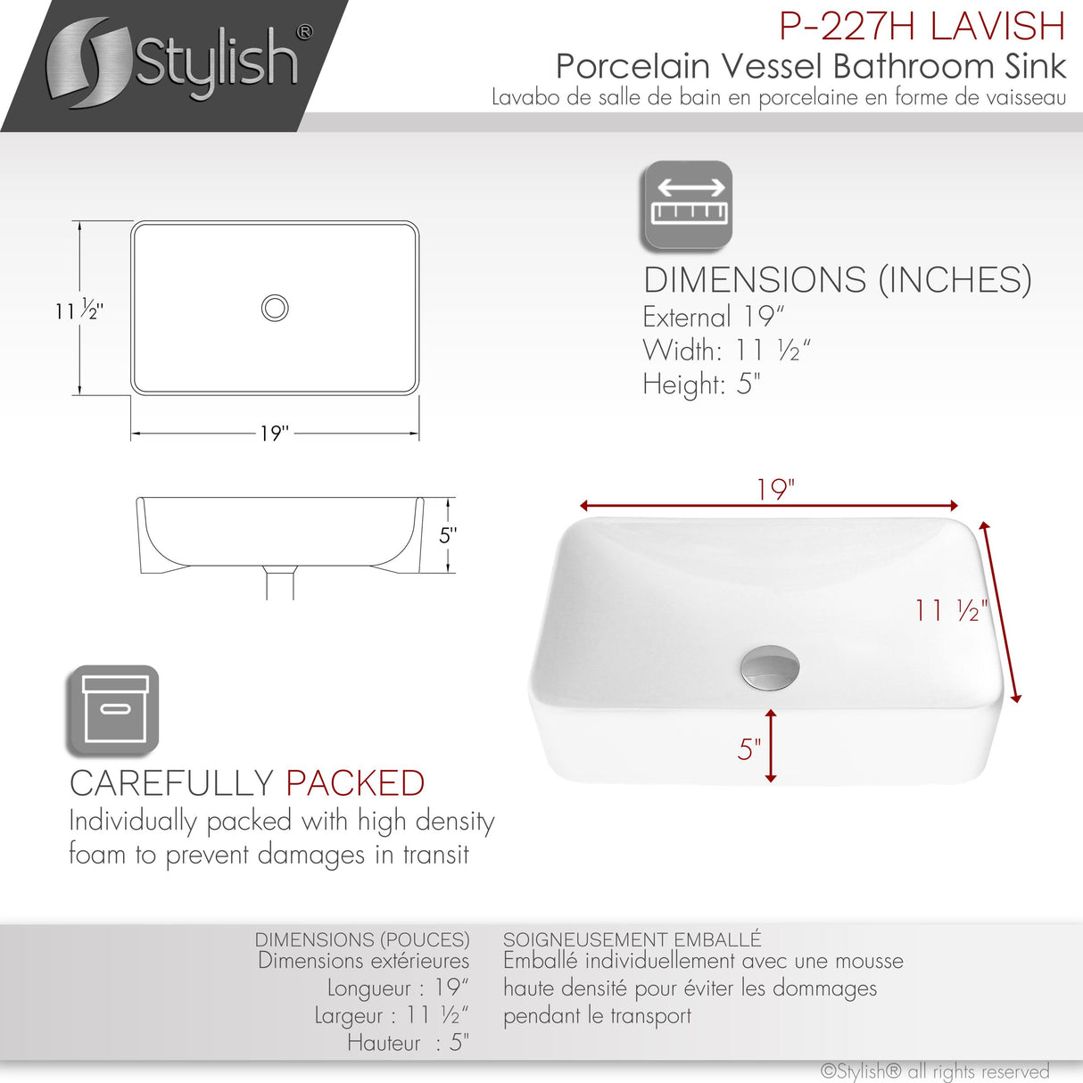 STYLISH 19 inch White Rectangular Ceramic Vessel Bathroom Sink