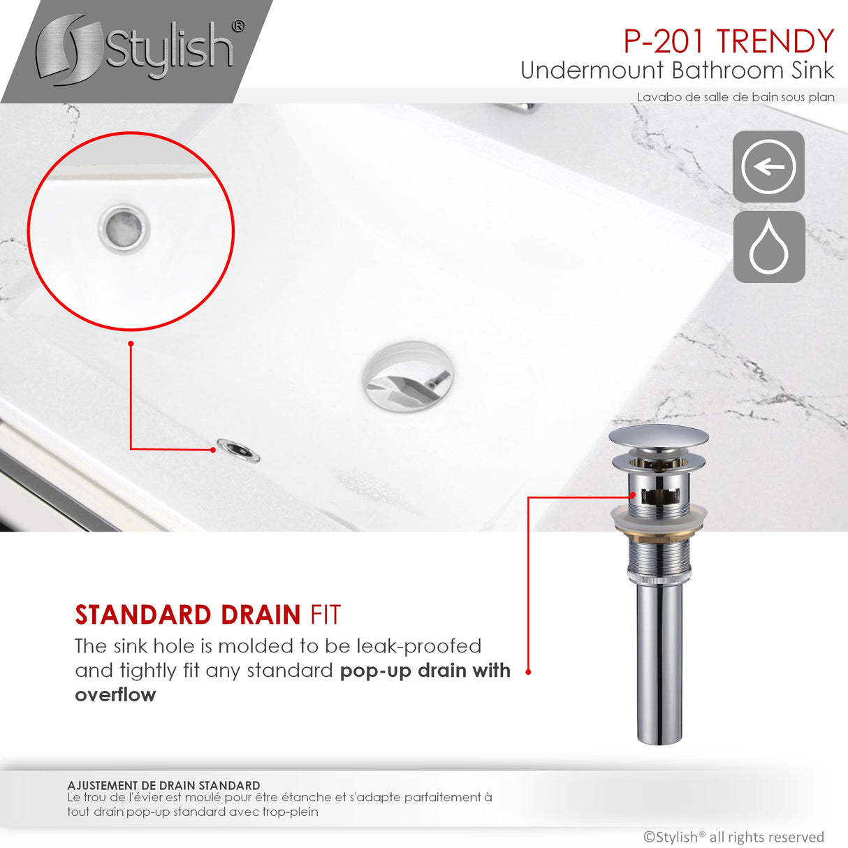 STYLISH 18 inch Rectangular Undermount Bathroom Sink with Overflow Polished Chrome