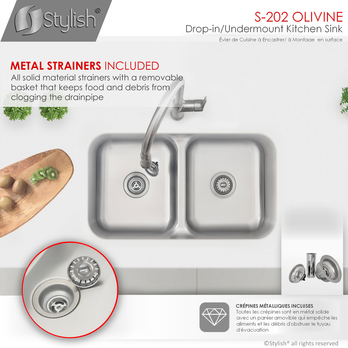 STYLISH 32 Low Divider Double Undermount and Drop-in Kitchen Sink