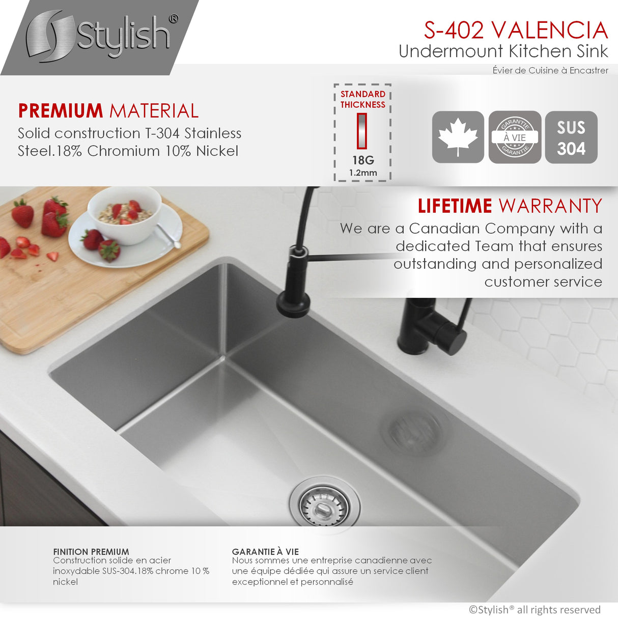 STYLISH 31 inch Single Bowl Undermount Stainless Steel Kitchen Sink