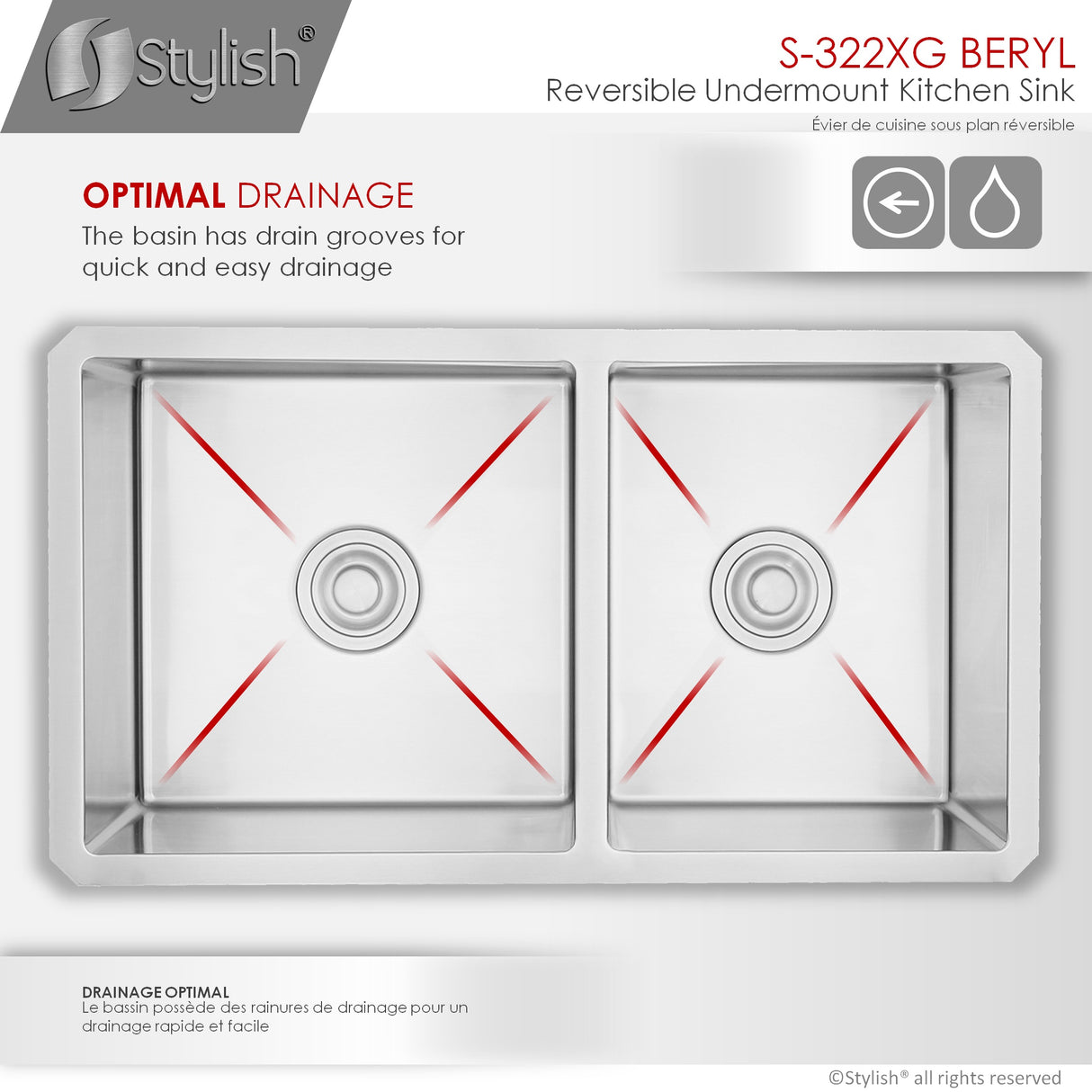 STYLISH 33 inch Double Bowl 60/40 Reversible Undermount 16G Stainless Steel Kitchen Sink