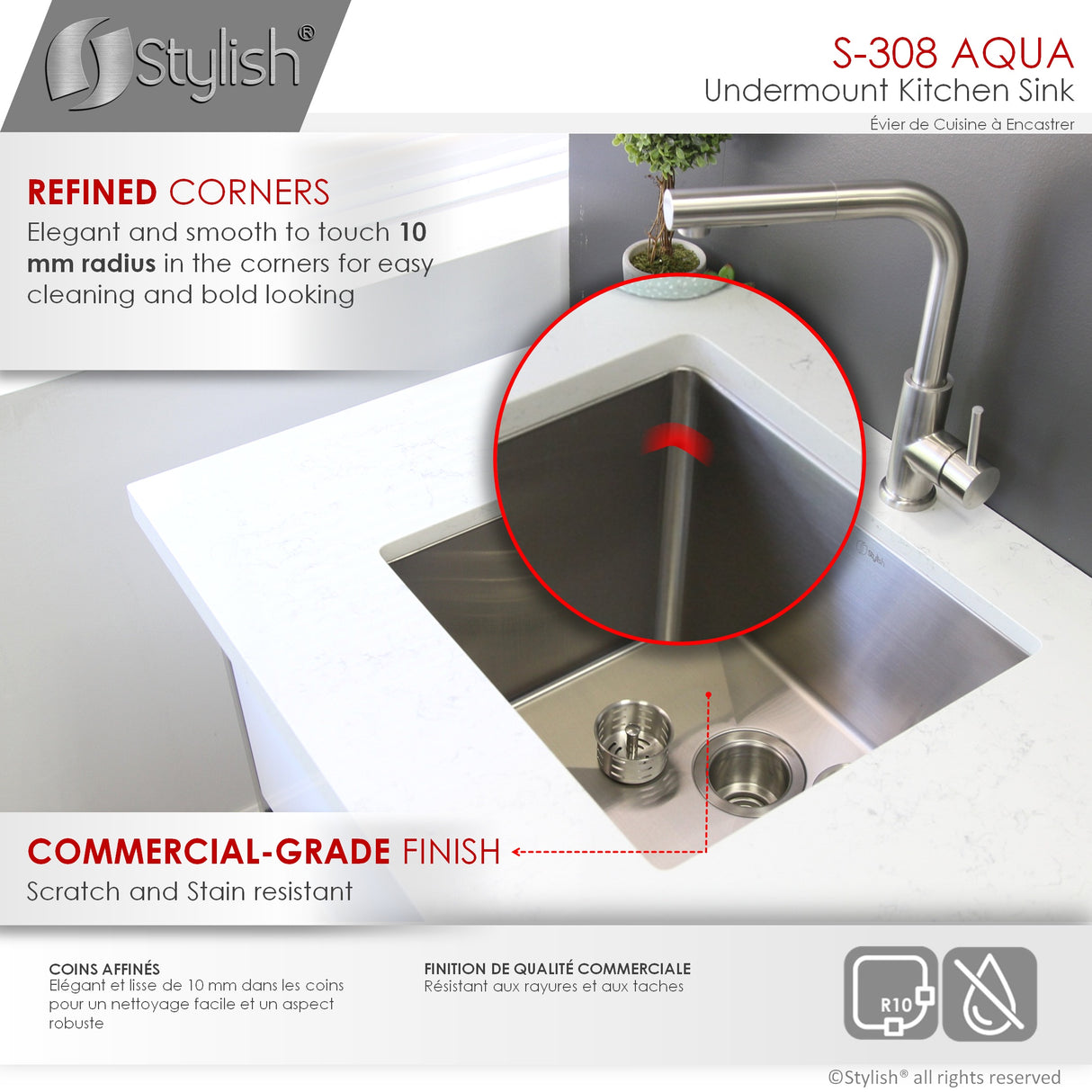 STYLISH 19 inch Single Bowl Undermount Stainless Steel Kitchen Sink Laundry