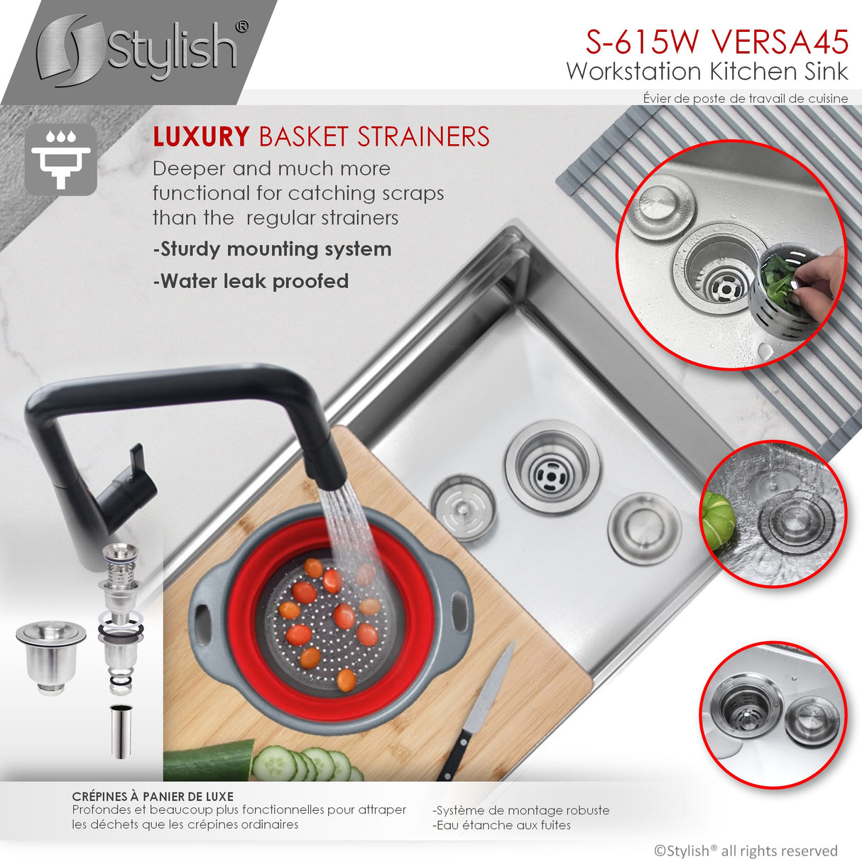 STYLISH 45 inch Ledge Workstation Single Bowl Undermount 16 Gauge Stainless Steel Kitchen Sink with Built in Accessories