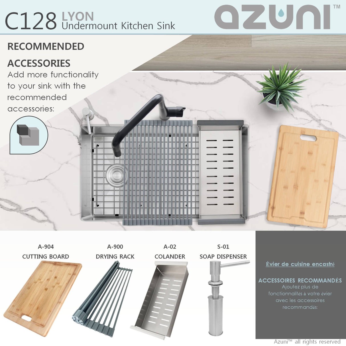 AZUNI 28"L x 18"W Single Bowl Undermount 16G Reversible Kitchen Sink with grid and Basket Strainer