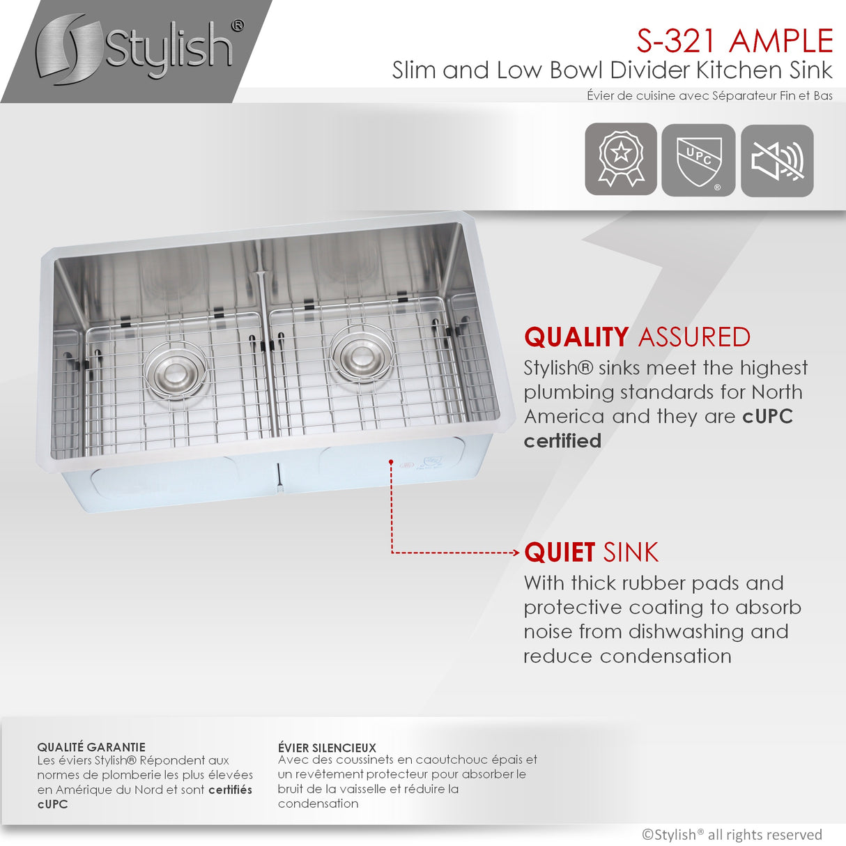 STYLISH 32 inch Slim Low Divider Double Bowl Undermount Stainless Steel Kitchen Sink