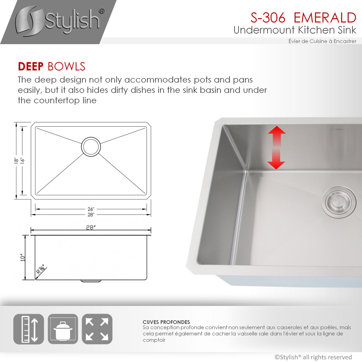 STYLISH 28 inch Single Bowl Undermount Stainless Steel Kitchen Sink