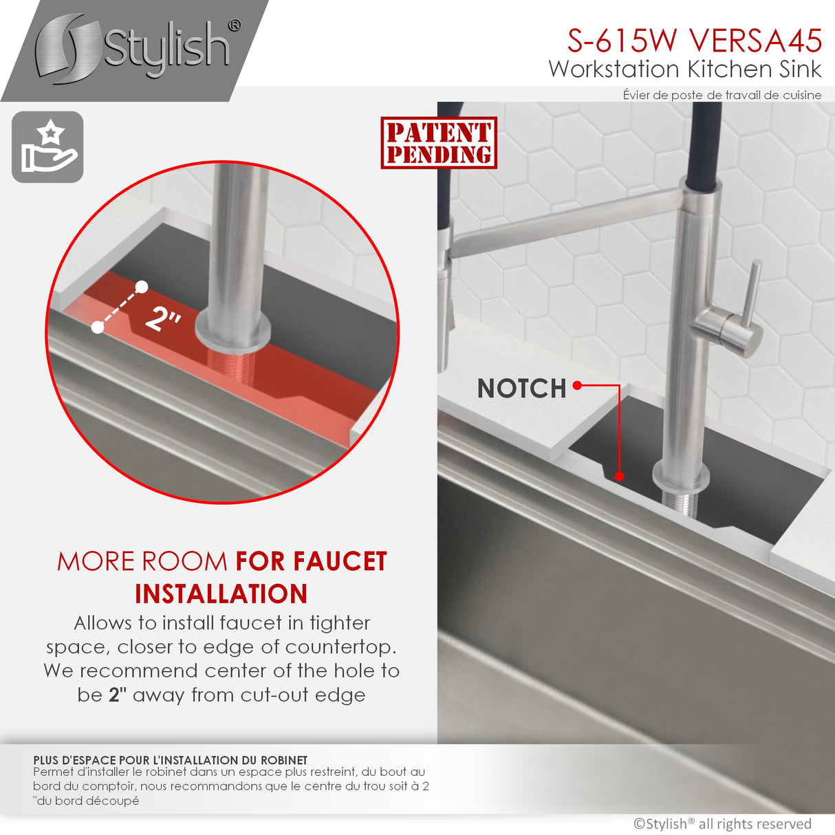STYLISH 45 inch Ledge Workstation Single Bowl Undermount 16 Gauge Stainless Steel Kitchen Sink with Built in Accessories