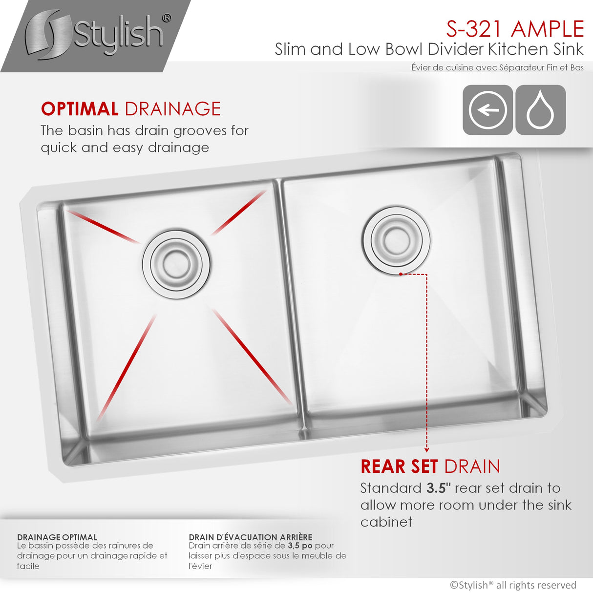 STYLISH 32 inch Slim Low Divider Double Bowl Undermount Stainless Steel Kitchen Sink