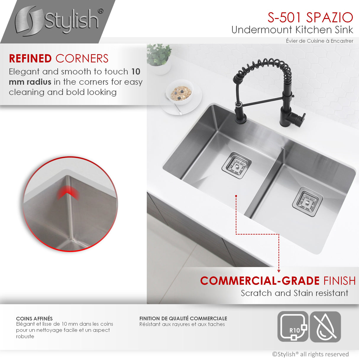 STYLISH 33 inch Slim Low Divider Double Bowl Undermount Stainless Steel Kitchen Sink