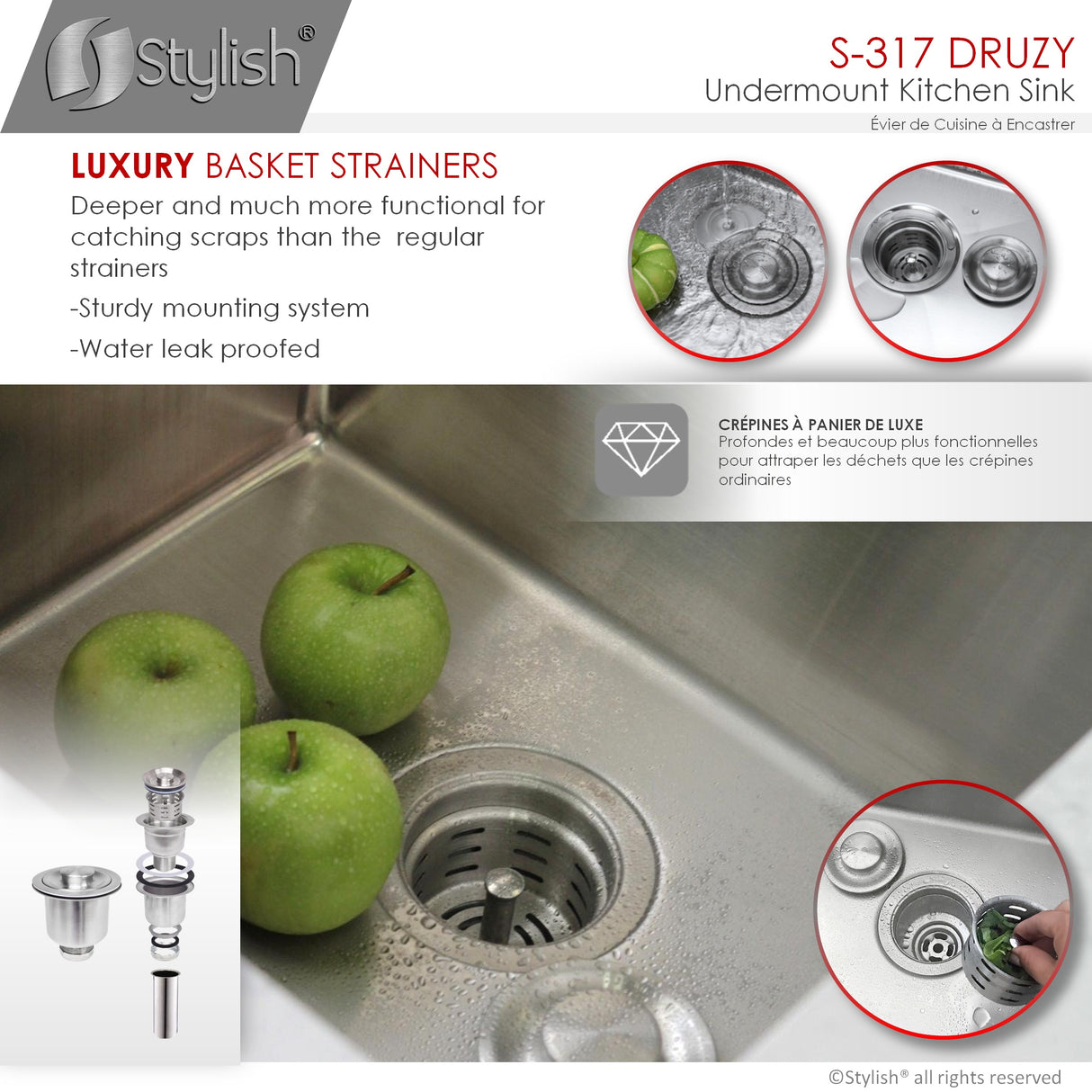 STYLISH 15 inch Single Bowl Undermount Stainless Steel Kitchen Sink