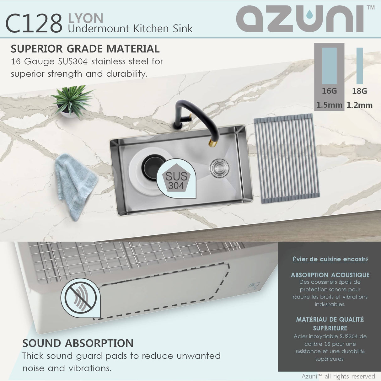 AZUNI 28"L x 18"W Single Bowl Undermount 16G Reversible Kitchen Sink with grid and Basket Strainer