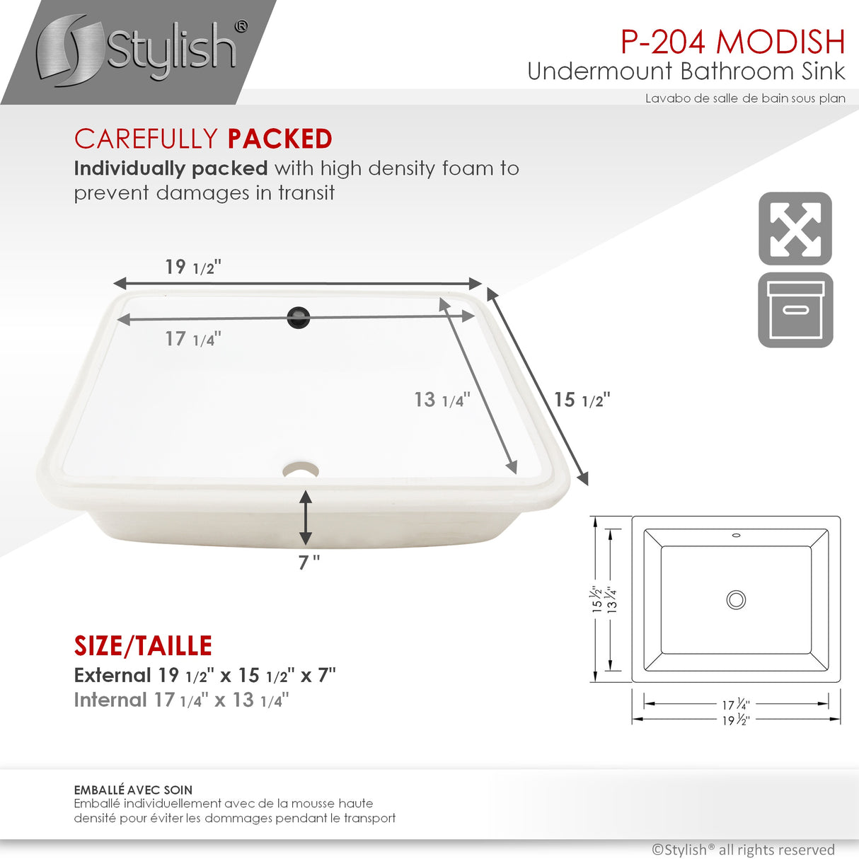 STYLISH 20 inch Rectangular Undermount Bathroom Sink with Overflow
