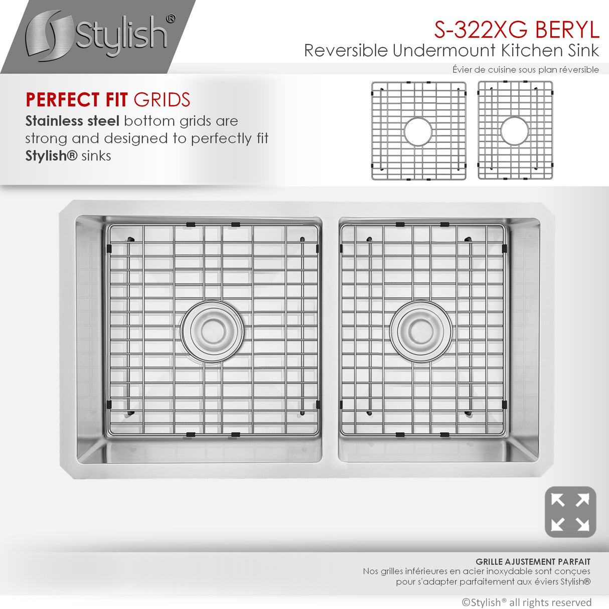 STYLISH 33 inch Double Bowl 60/40 Reversible Undermount 16G Stainless Steel Kitchen Sink