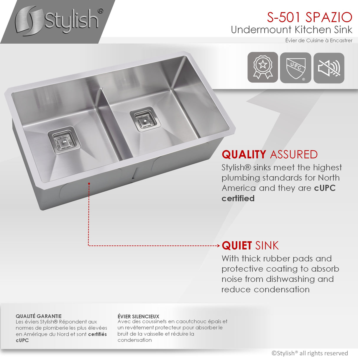 STYLISH 33 inch Slim Low Divider Double Bowl Undermount Stainless Steel Kitchen Sink