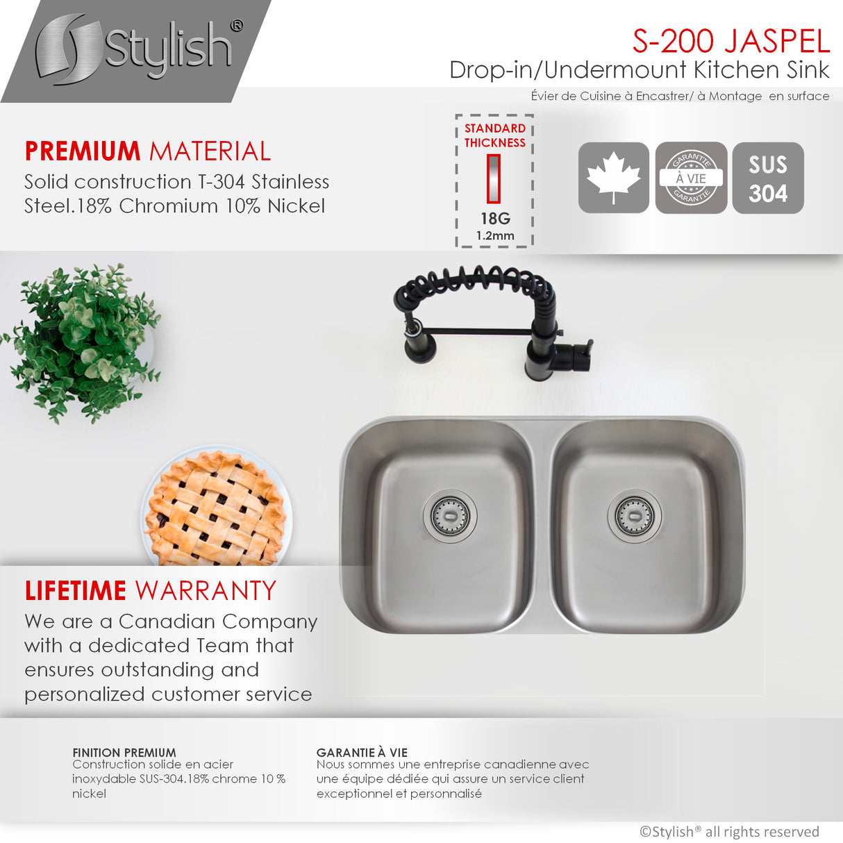 STYLISH 32 inch Double Bowl Undermount and Drop-in Kitchen Sink