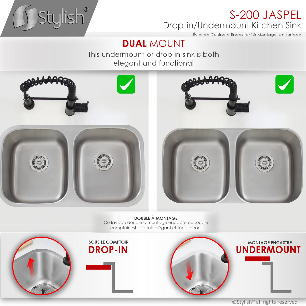 STYLISH 32 inch Double Bowl Undermount and Drop-in Kitchen Sink