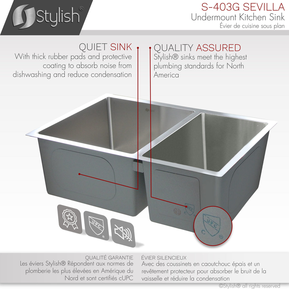 28 in Undermount Double Bowl Kitchen Sink, 18 Gauge Stainless Steel with Grids and Standard Strainers , by Stylish Sevilla