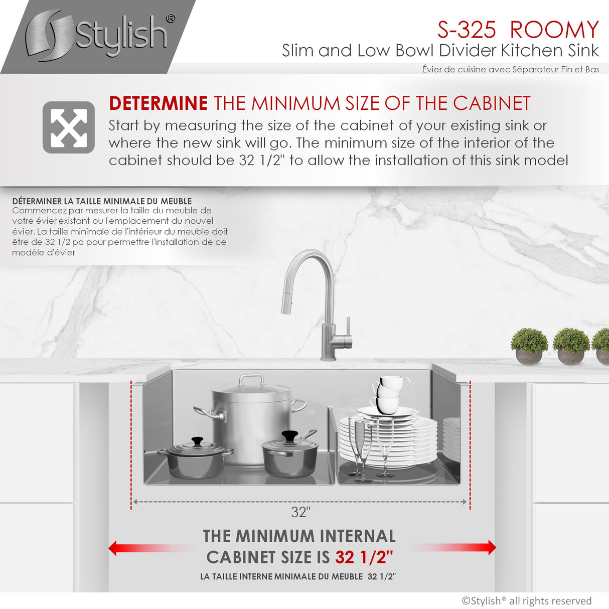 STYLISH 32 inch Low Divider 60-40 Double Bowl Undermount Stainless Steel Kitchen Sink