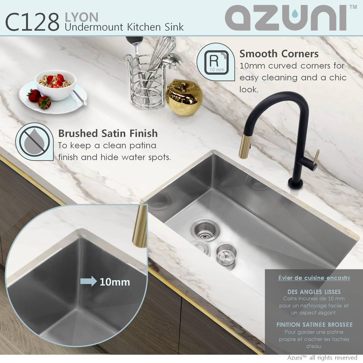 AZUNI 28"L x 18"W Single Bowl Undermount 16G Reversible Kitchen Sink with grid and Basket Strainer