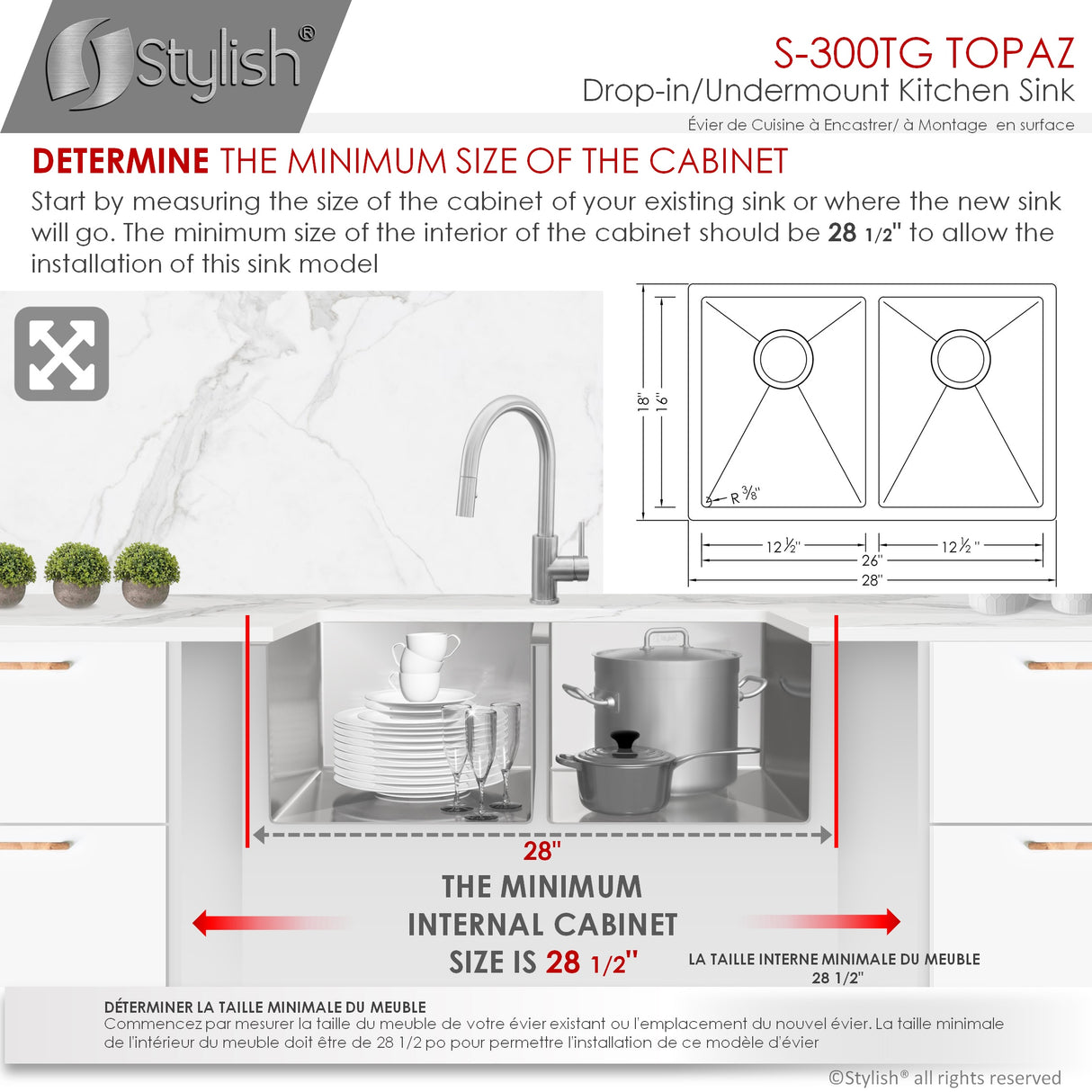 STYLISH 28 inch Double Bowl Dual mount 18G Stainless Steel Kitchen Sink with Grids and Strainers