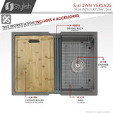 STYLISH 25 inch Workstation Single Bowl Undermount 16 Gauge Stainless Steel Kitchen Sink with Built in Accessories