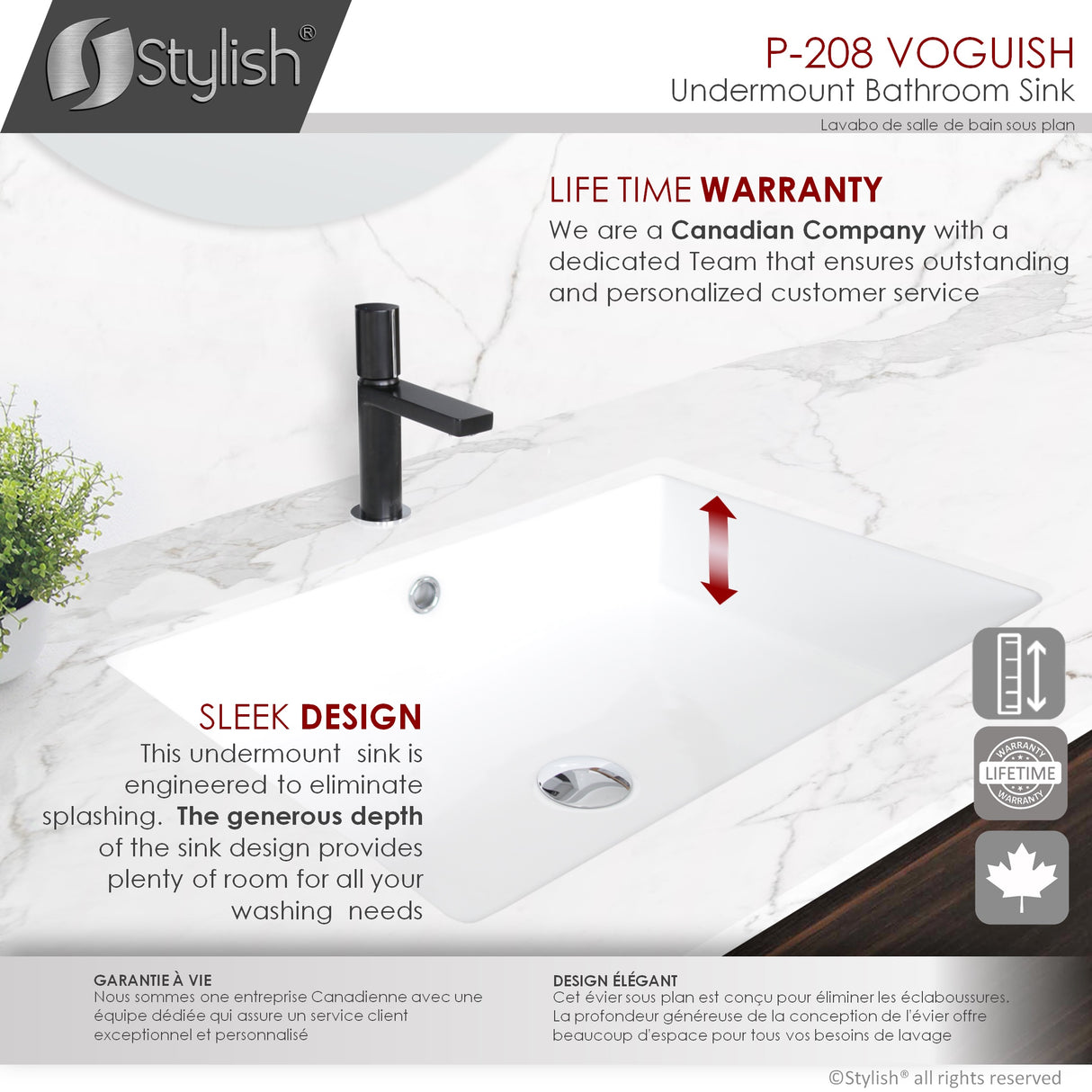 STYLISH 24 inch Rectangular Undermount Ceramic Bathroom Sink with 2 Overflow Finishes