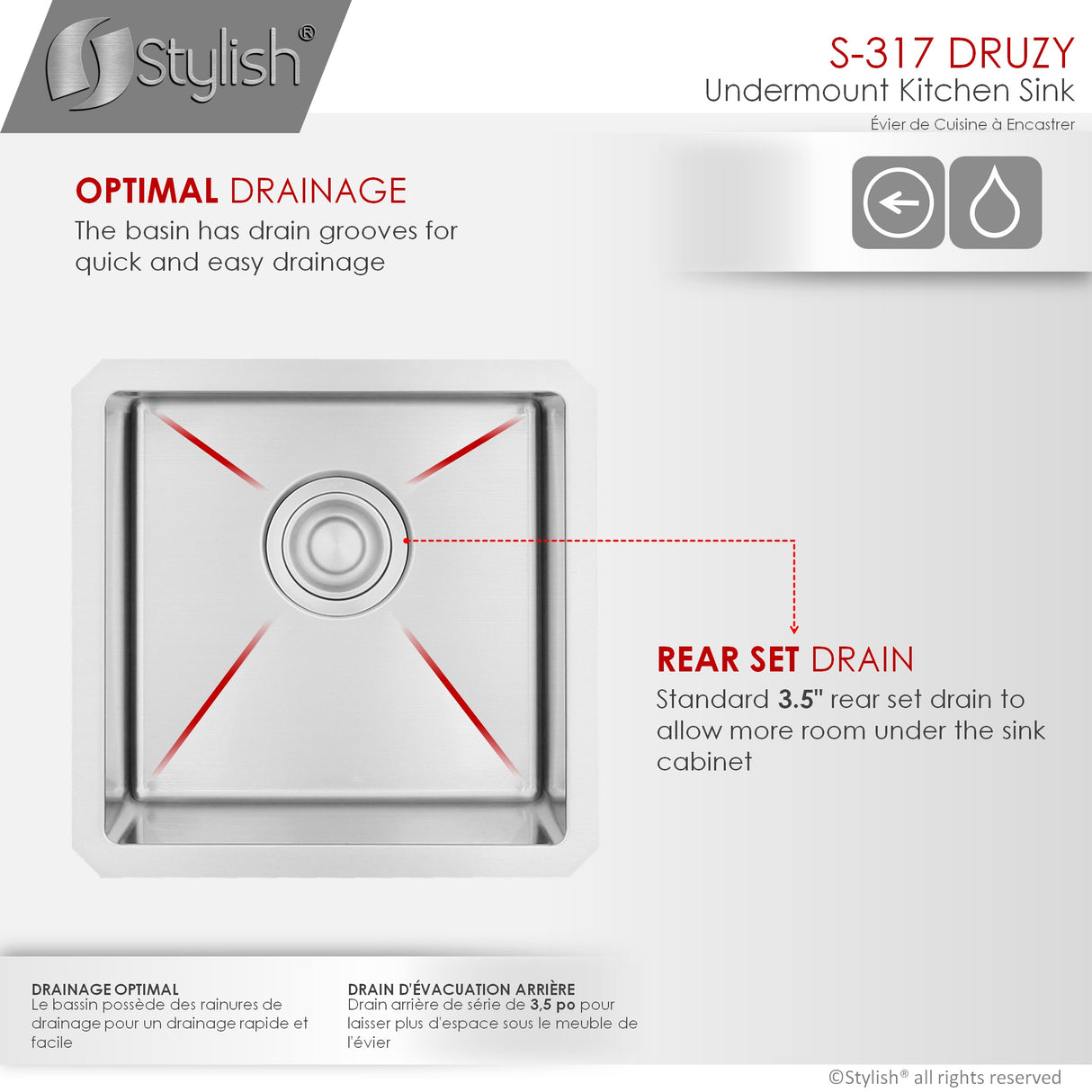 STYLISH 15 inch Single Bowl Undermount Stainless Steel Kitchen Sink