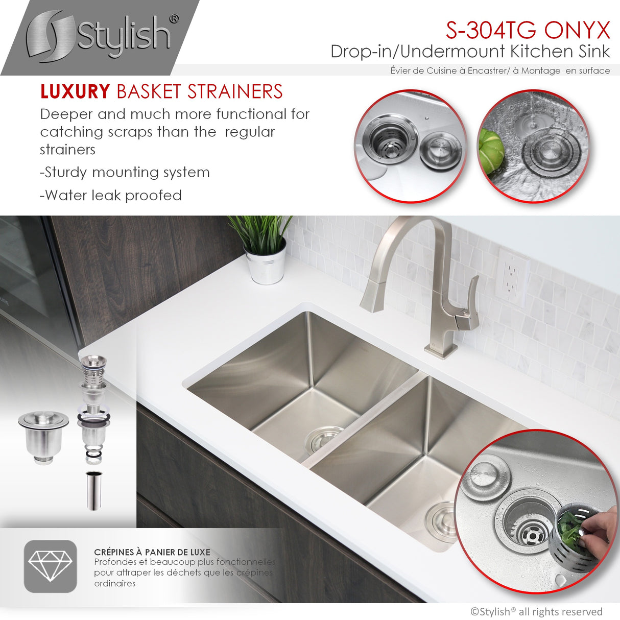 STYLISH 30 inch Double Bowl Undermount and Drop-in Stainless Steel Kitchen Sink