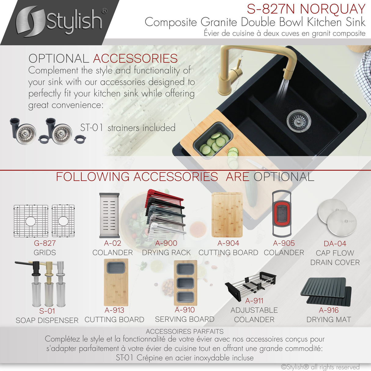 STYLISH 27 inch Dual Mount 60/40 Double Bowl Composite Granite Kitchen Sink with Strainer