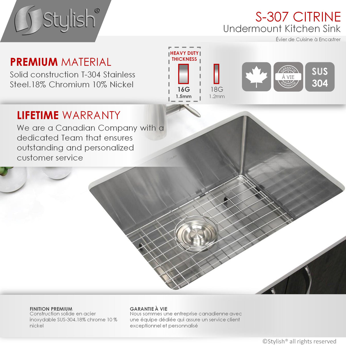 STYLISH 23 inch Single Bowl Undermount Stainless Steel Kitchen Sink