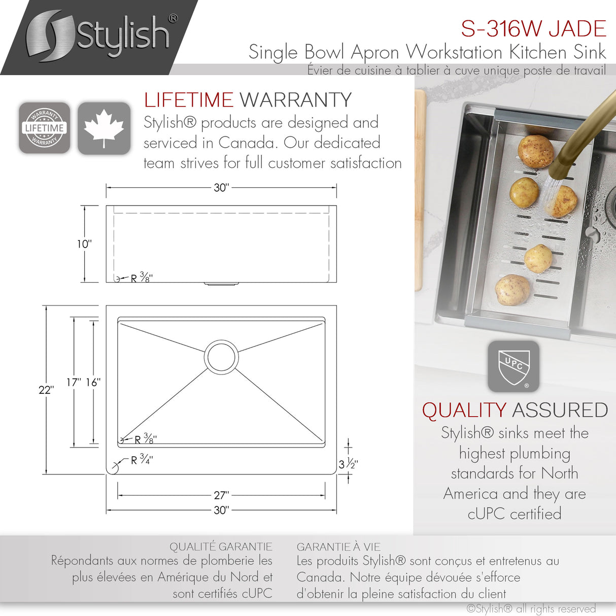 STYLISH 30 inch Farmhouse Single Bowl Stainless Steel Apron Kitchen Sink