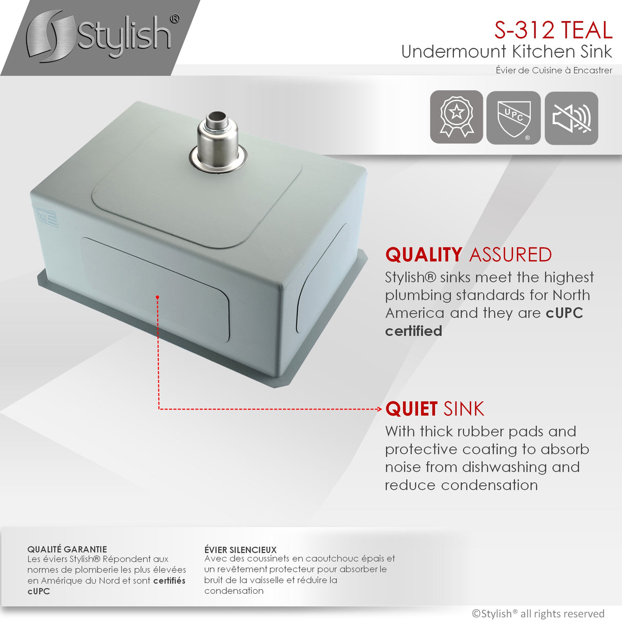 STYLISH 25 inch Single Bowl Undermount Stainless Steel Kitchen Sink