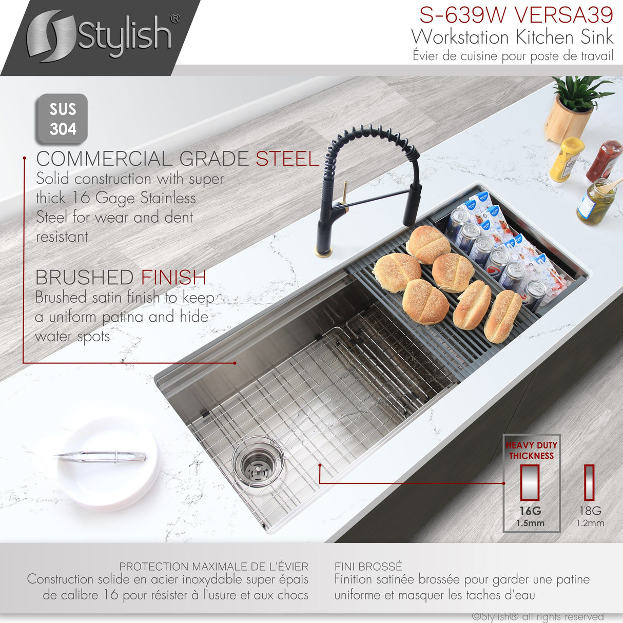 STYLISH 39 inch Ledge Workstation Single Bowl Undermount 16 Gauge Stainless Steel Kitchen Sink with Built in Accessories