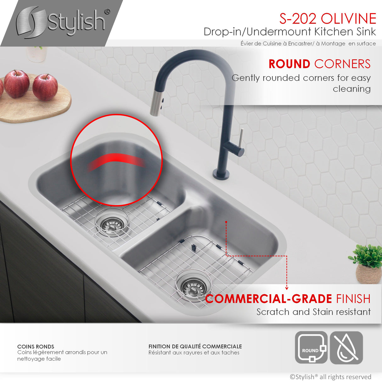 STYLISH 32 Low Divider Double Undermount and Drop-in Kitchen Sink