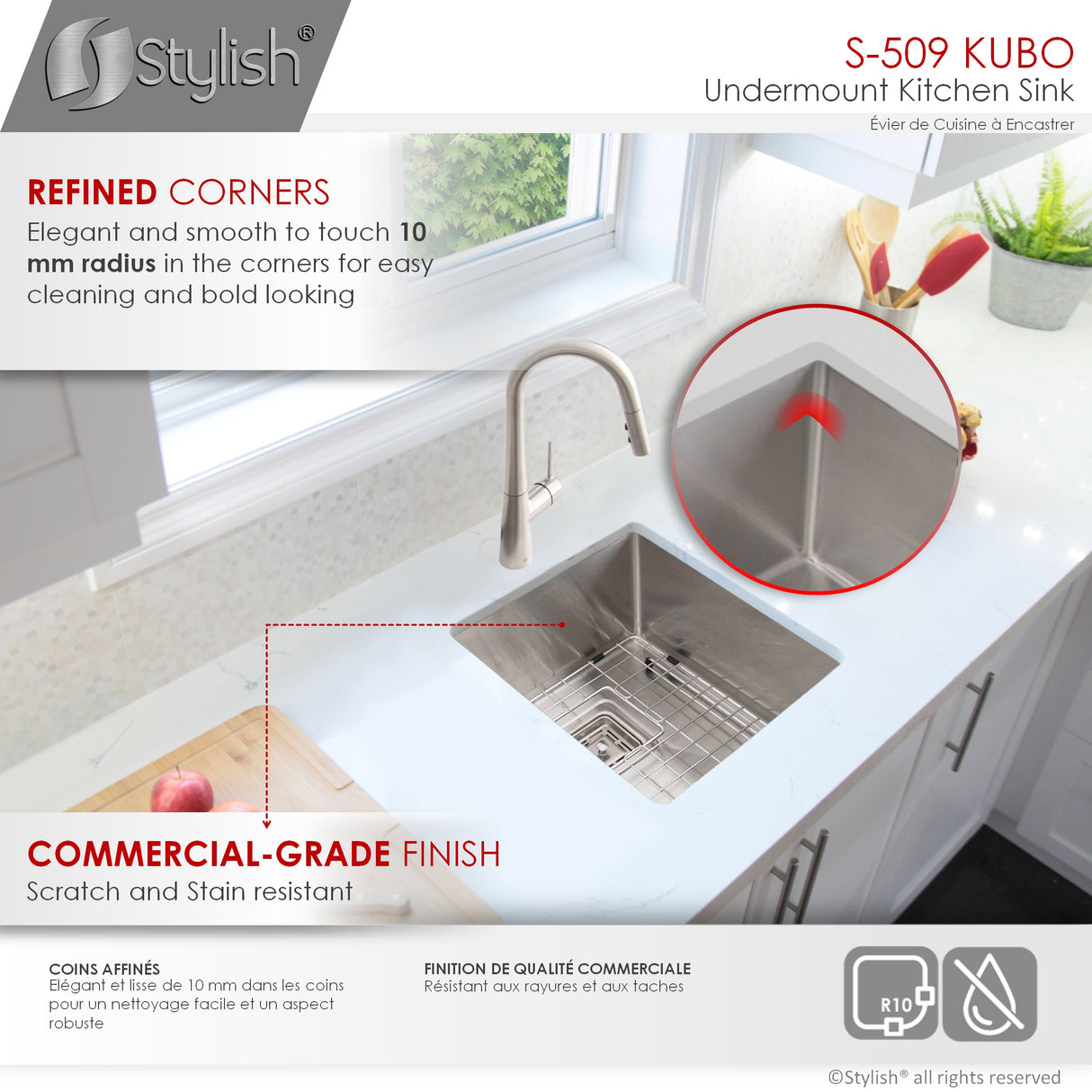STYLISH 16 inch Single Bowl Stainless Steel Kitchen Sink with Square Strainer