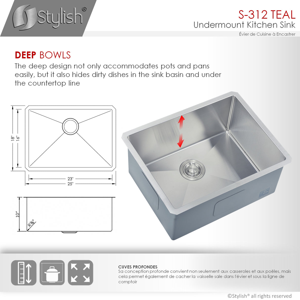 STYLISH 25 inch Single Bowl Undermount Stainless Steel Kitchen Sink