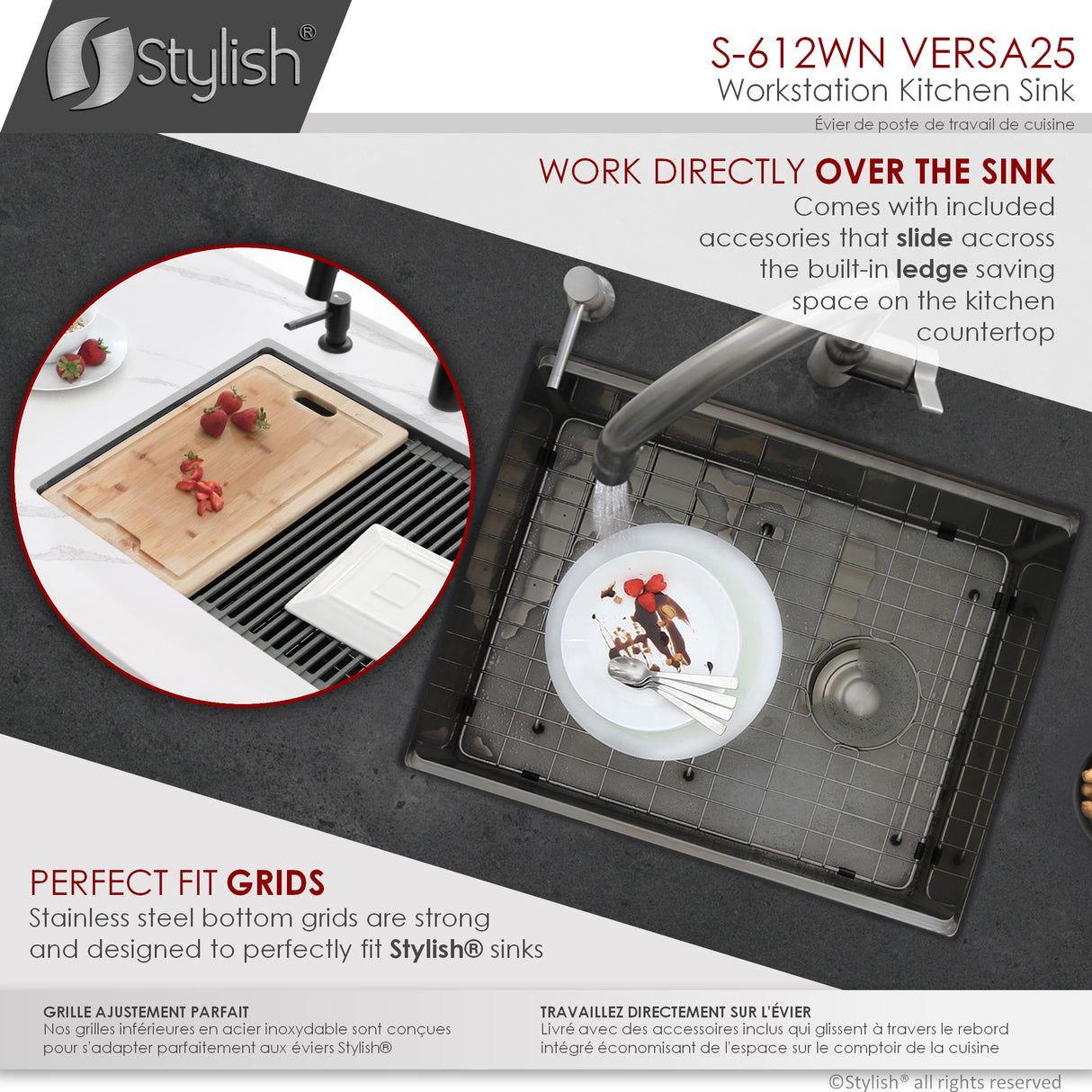 STYLISH 25 inch Workstation Single Bowl Undermount 16 Gauge Stainless Steel Kitchen Sink with Built in Accessories