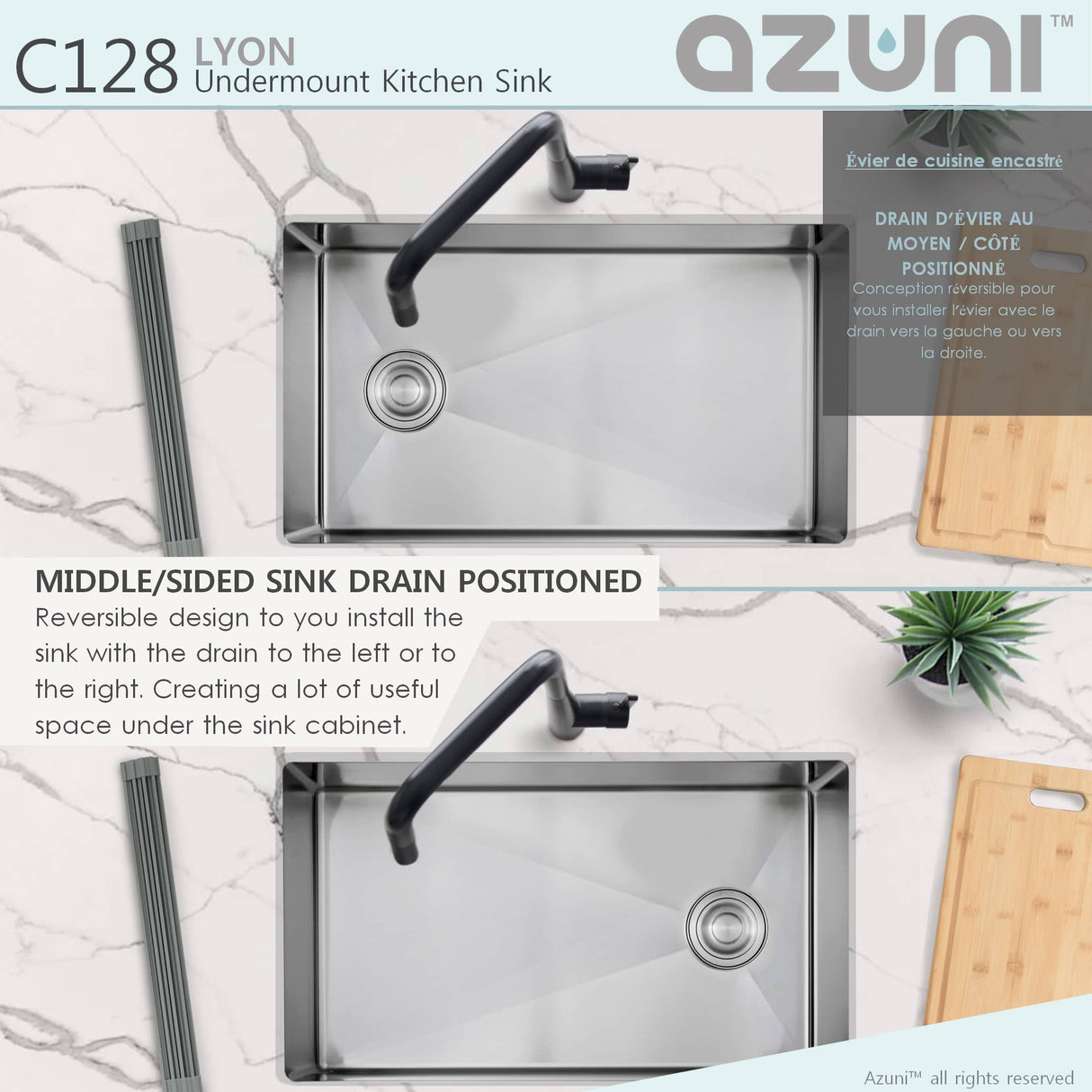 AZUNI 28"L x 18"W Single Bowl Undermount 16G Reversible Kitchen Sink with grid and Basket Strainer