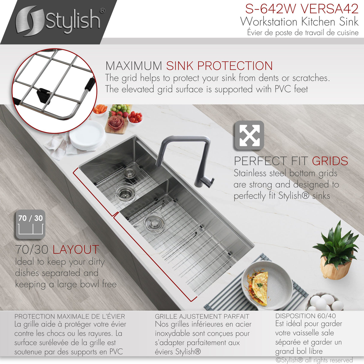 STYLISH 42 inch Workstation 70/30 Double Bowl Undermount Kitchen Sink with Built in Accessories