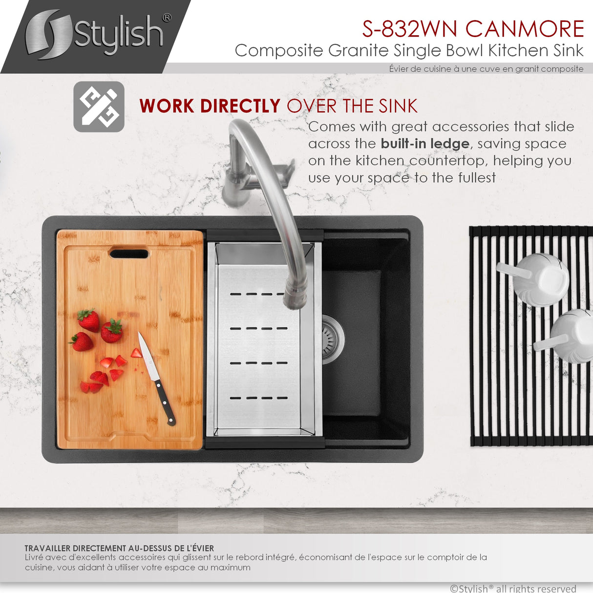 STYLISH 32 inch Dual Mount Workstation Single Bowl Composite Granite Kitchen Sink with Built in Accessories