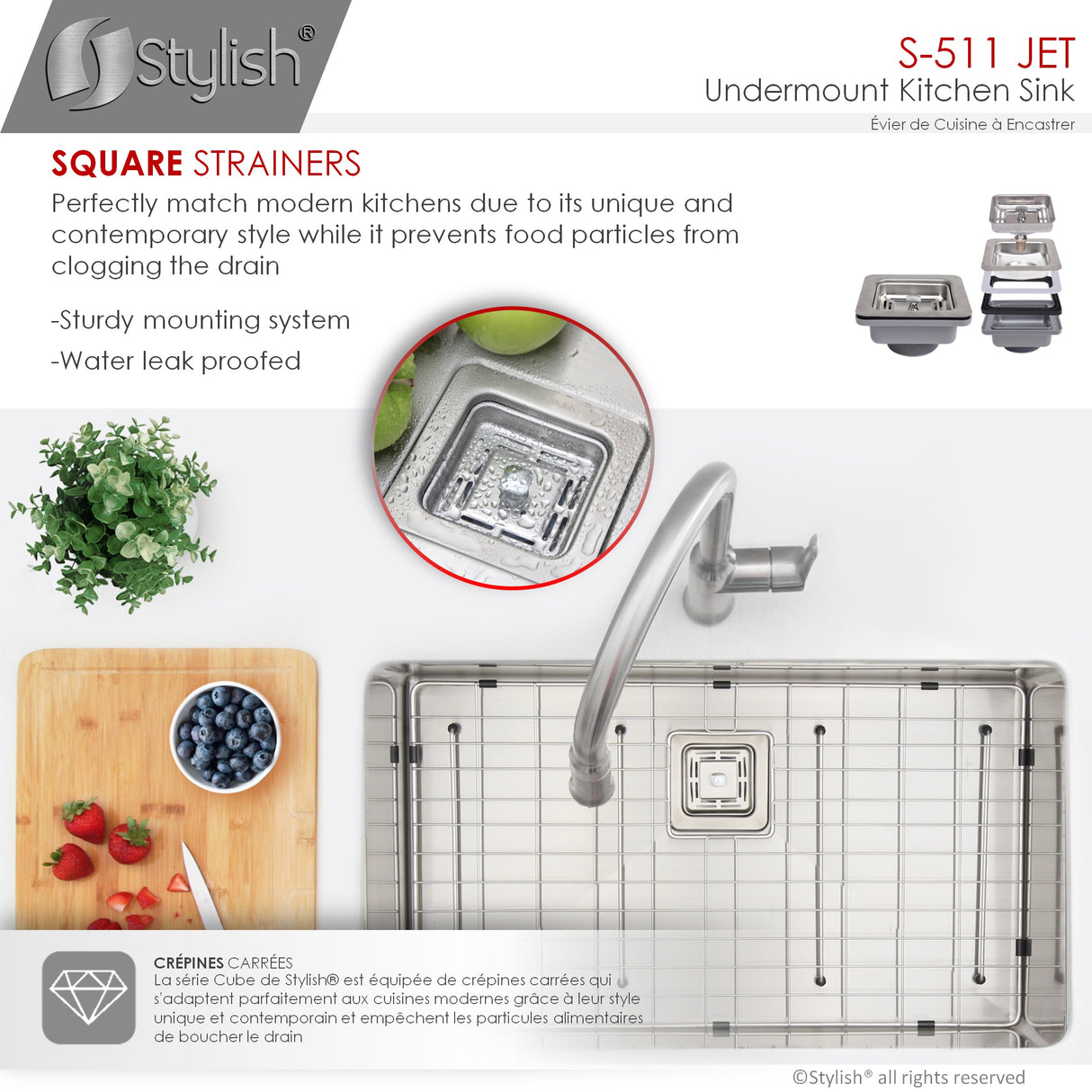 STYLISH 30 inch Single Bowl Stainless Steel Kitchen Sink with Square Strainer