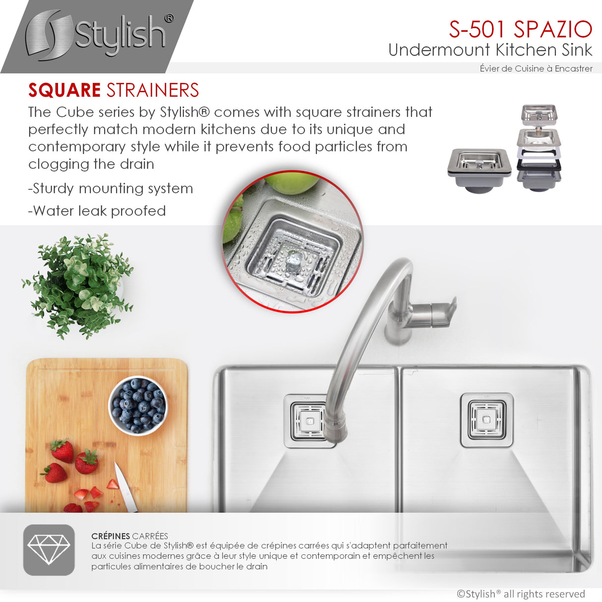 STYLISH 33 inch Slim Low Divider Double Bowl Undermount Stainless Steel Kitchen Sink