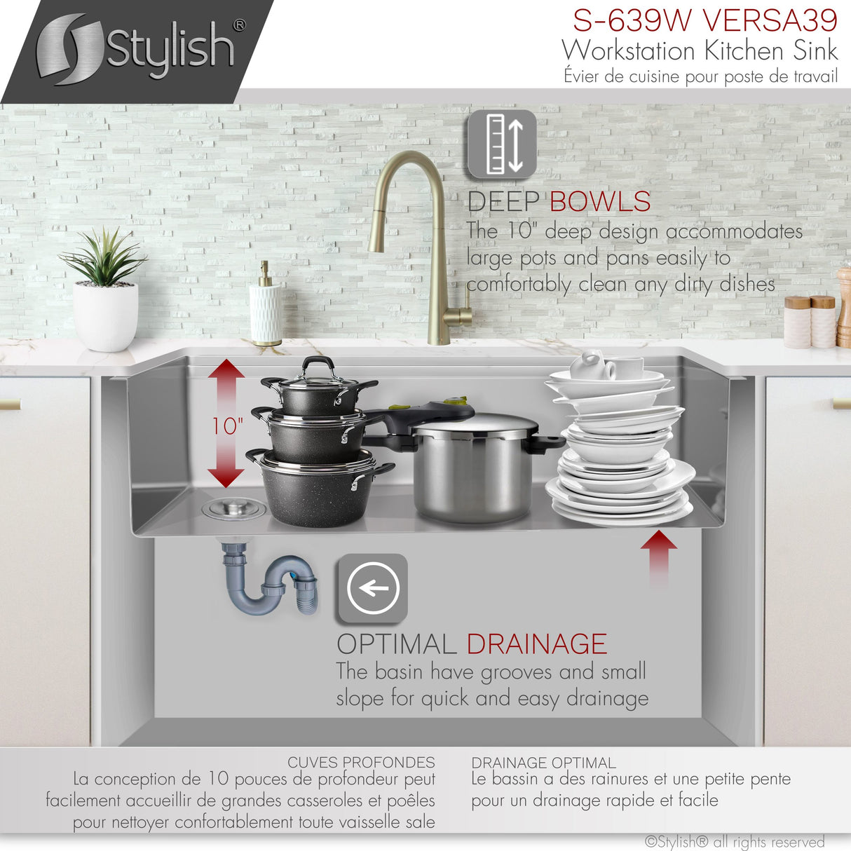 STYLISH 39 inch Ledge Workstation Single Bowl Undermount 16 Gauge Stainless Steel Kitchen Sink with Built in Accessories
