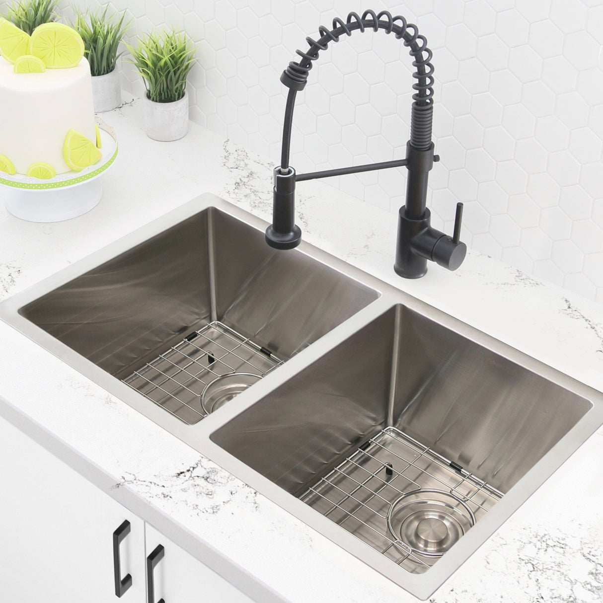 STYLISH 28 inch Double Bowl Dual mount 18G Stainless Steel Kitchen Sink with Grids and Strainers