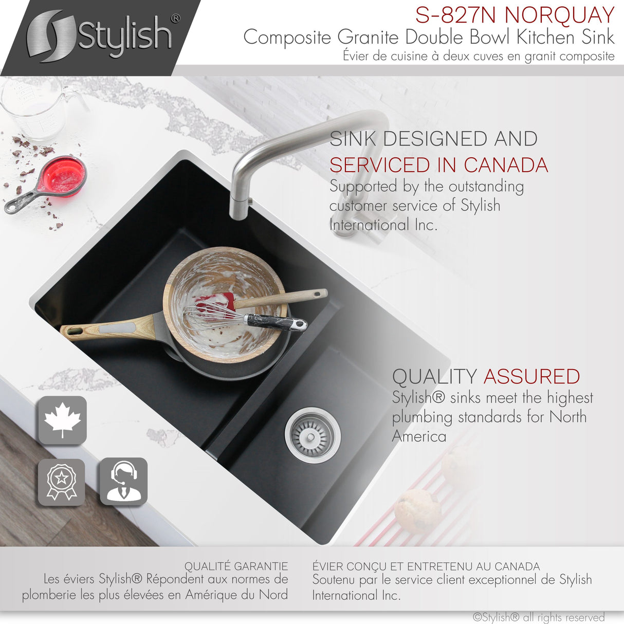 STYLISH 27 inch Dual Mount 60/40 Double Bowl Composite Granite Kitchen Sink with Strainer