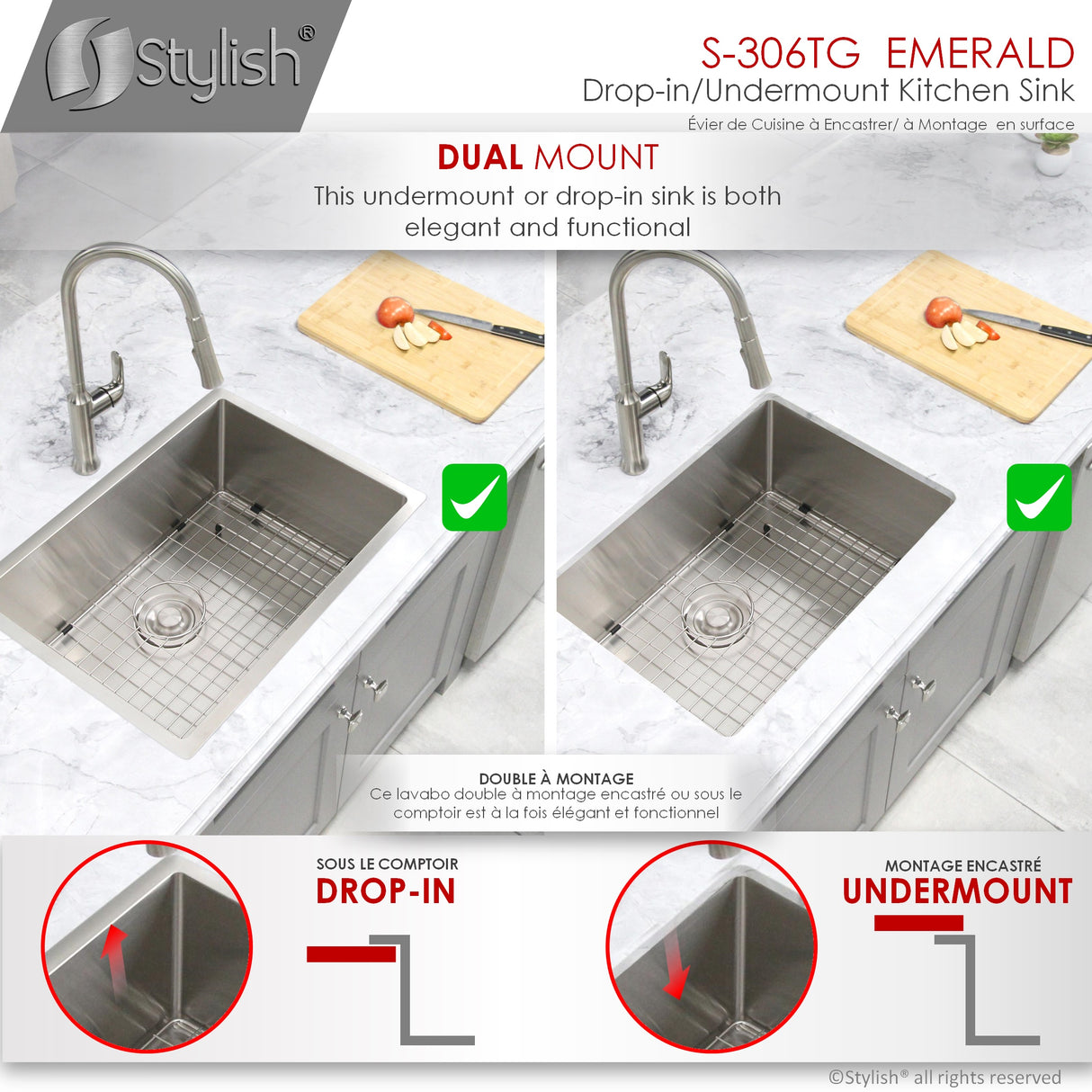 STYLISH 28 inch Single Bowl Drop-in/Undermount Stainless Steel Kitchen Sink S-306G